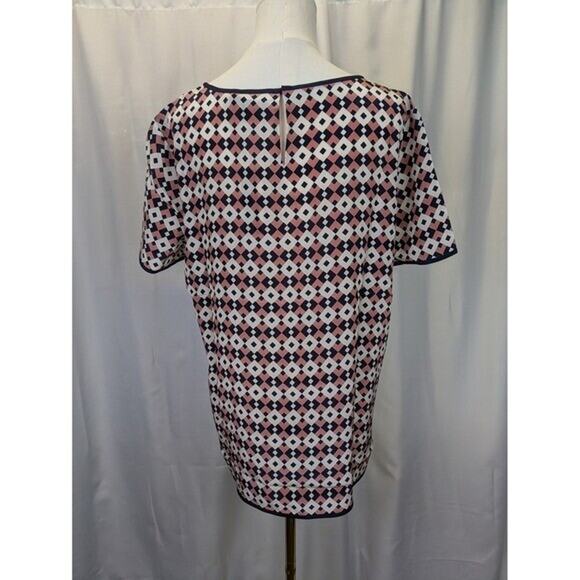 J. Crew 100% Silk Blouse Womens 14 Diamond Aztec Print Short Sleeve Round Neck‎ - Picture 2 of 8